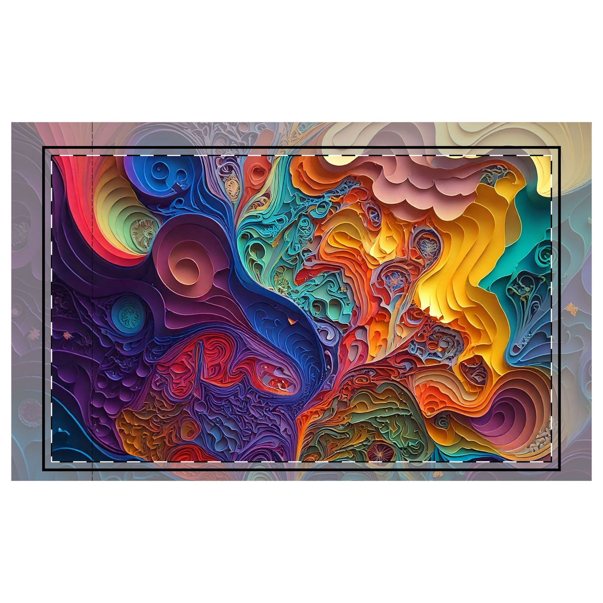 Colorful abstract art piece with swirling patterns on a white background