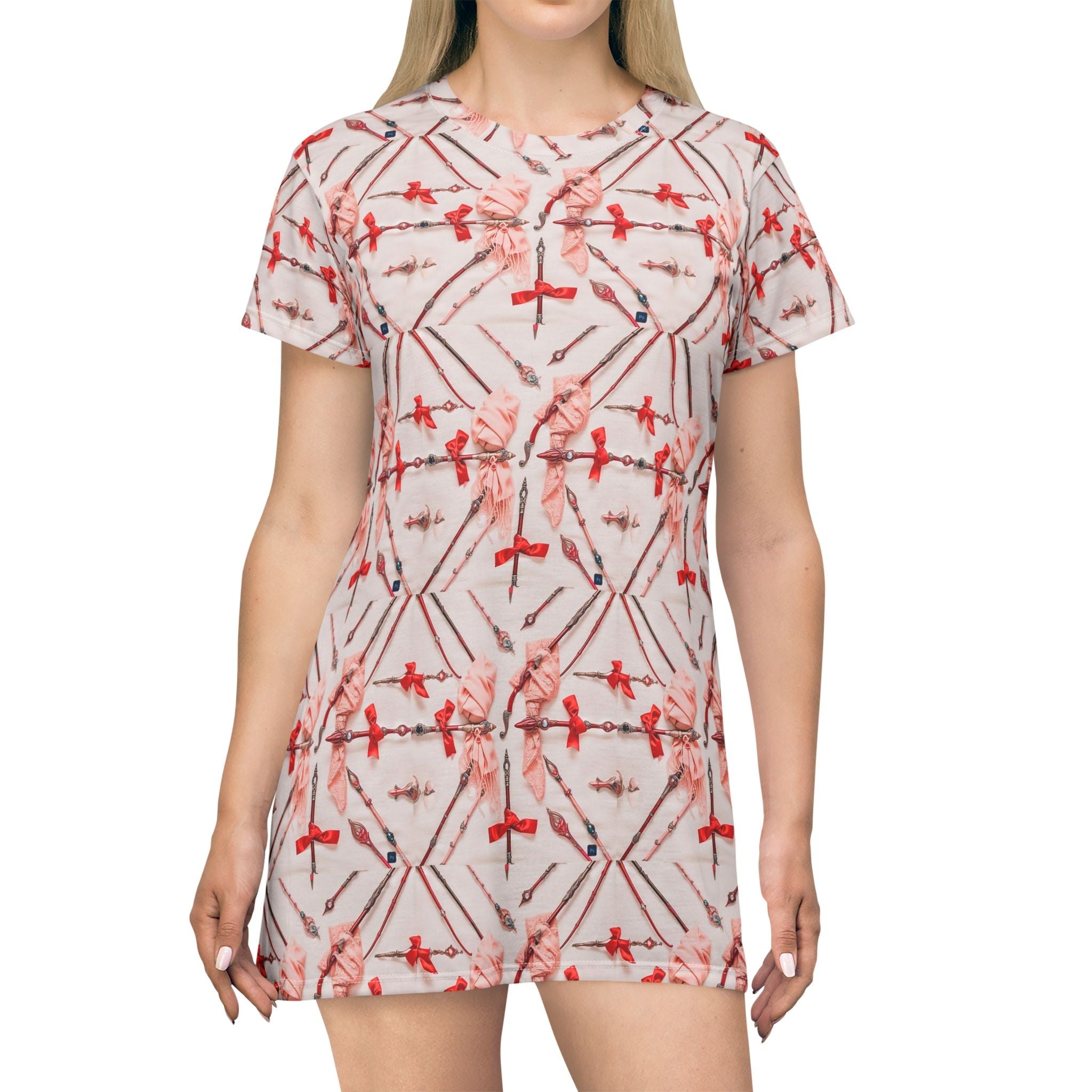 Red Floral Geometric T-Shirt Dress — All-Over Print Casual A-Line Dress