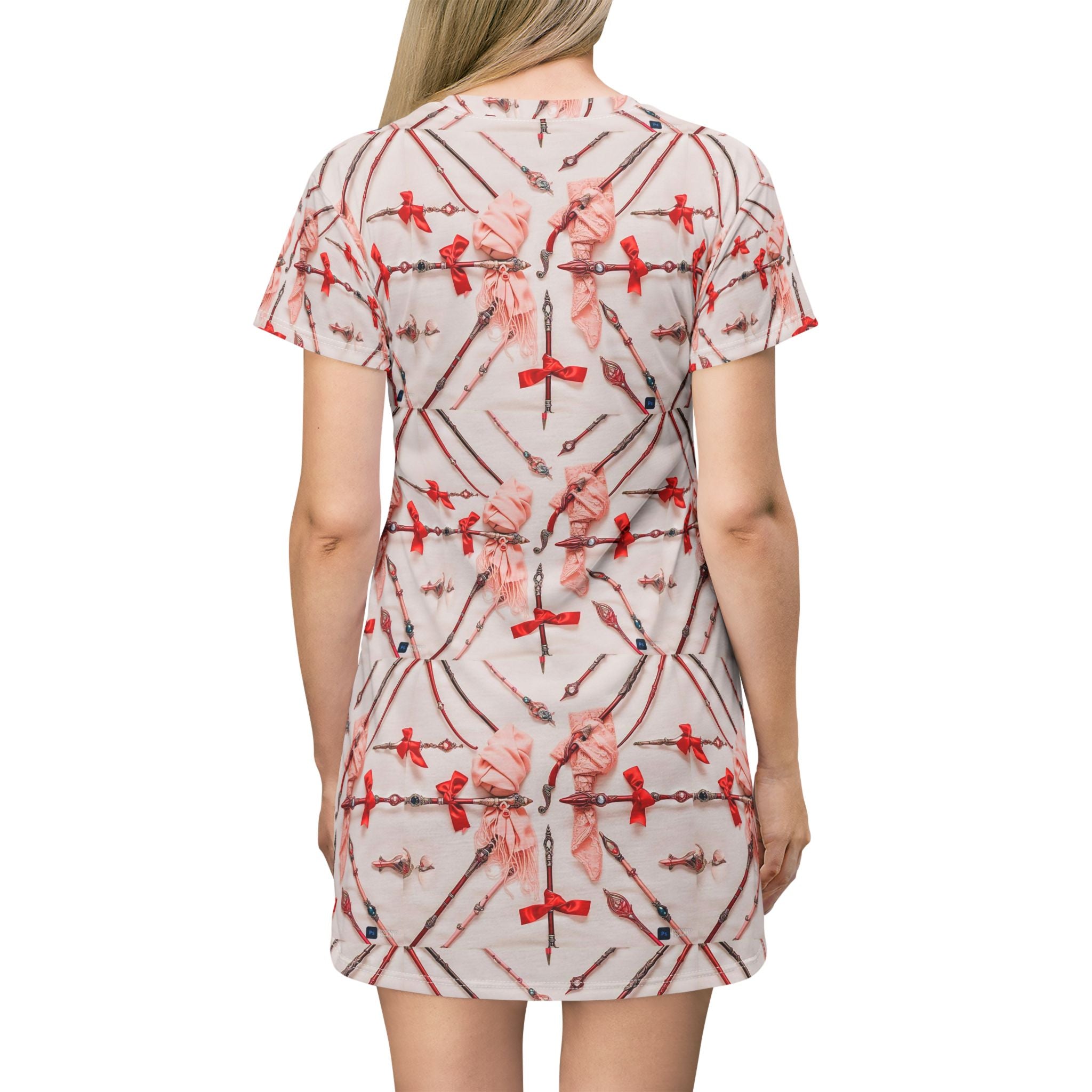 Red Floral Geometric T-Shirt Dress — All-Over Print Casual A-Line Dress