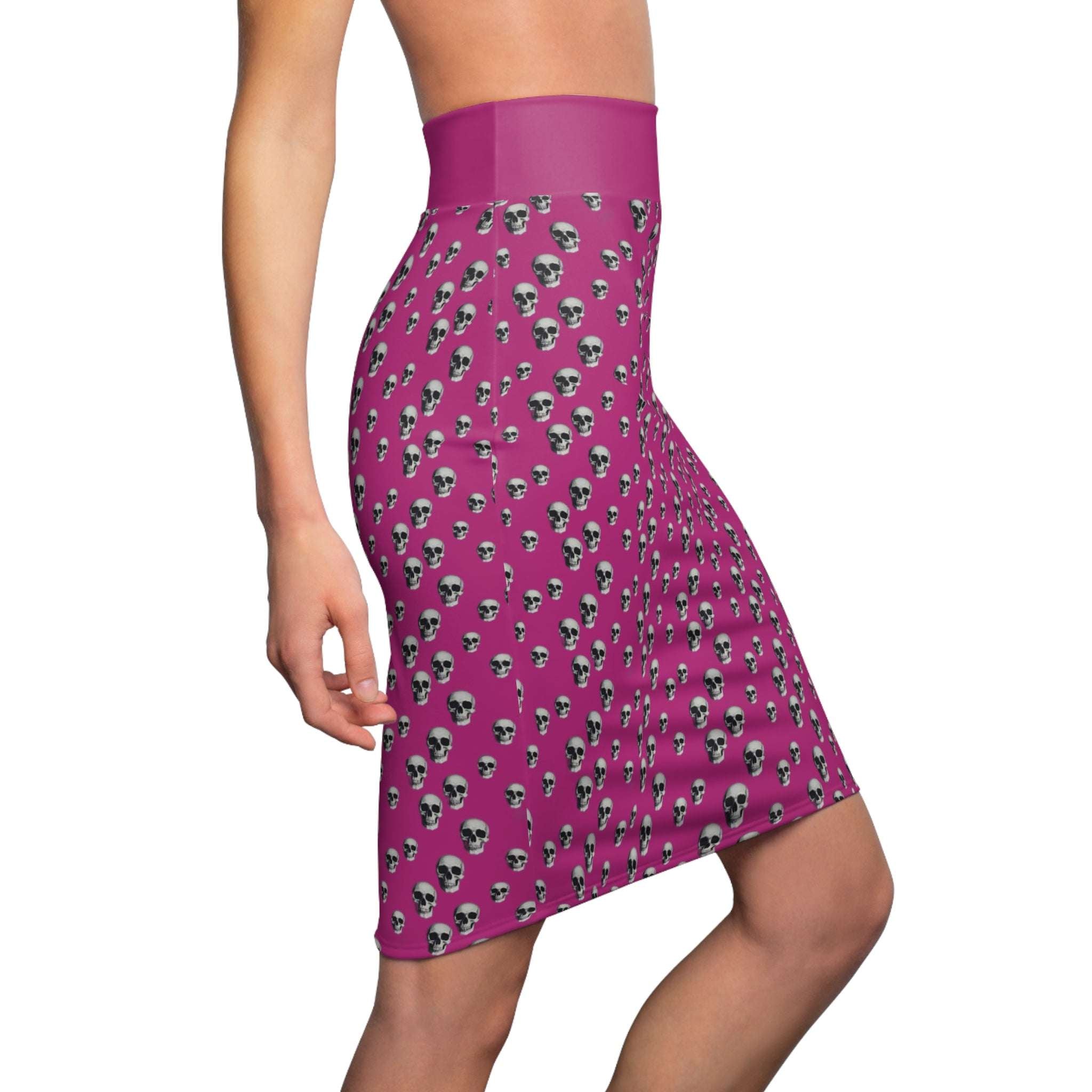 Gothic Skull Pencil Skirt In Hot Pink | Edgy Fashion Statement | Women's AOP Skirt, Halloween Outfit, Alternative Style, Everyday Wear, Festival Look