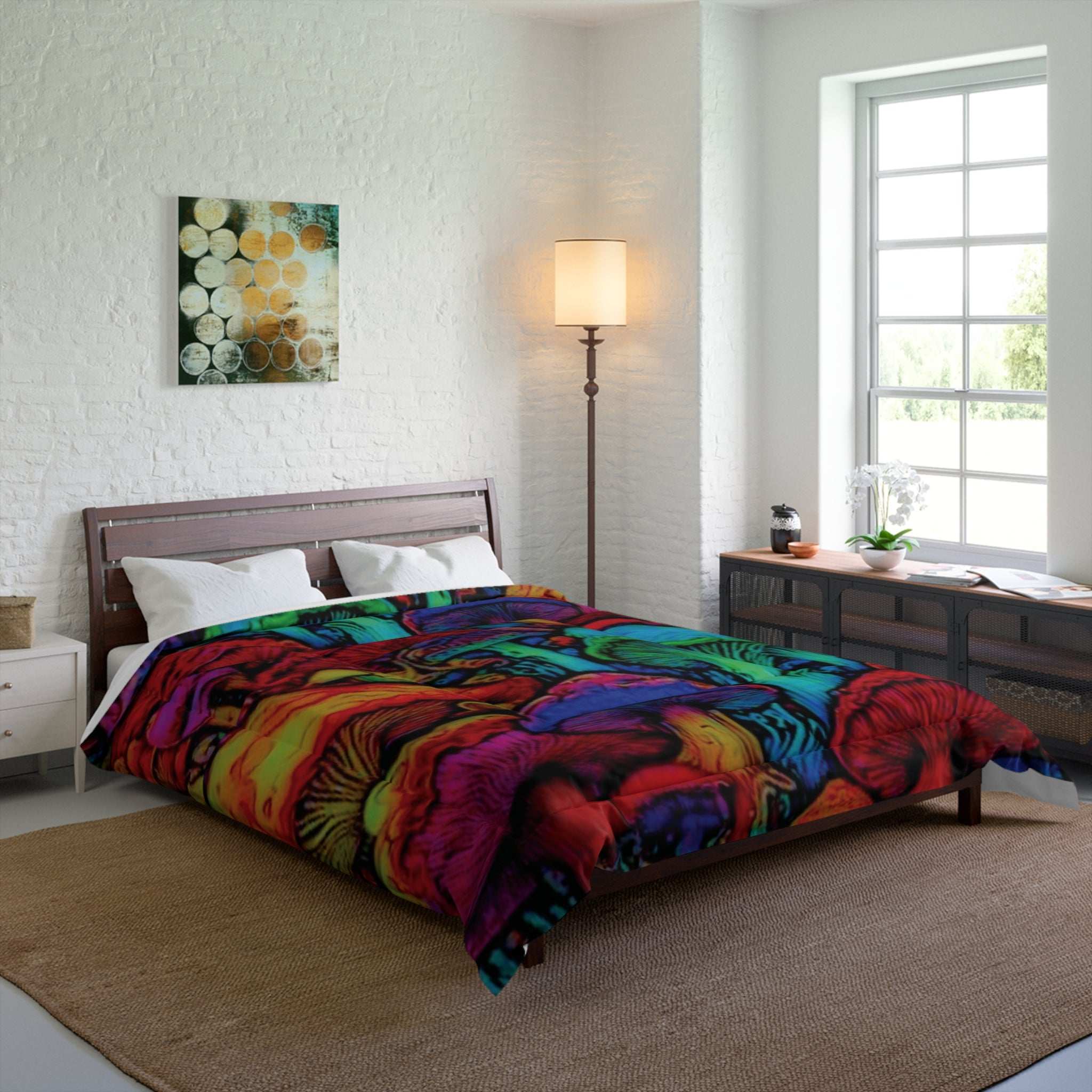 Vibrant Mushroom Comforter, Cozy Bedding for Bohemian Decor, Colorful Quilt for Home, Fantasy Bedroom Blanket, Unique Gift for Nature Lovers