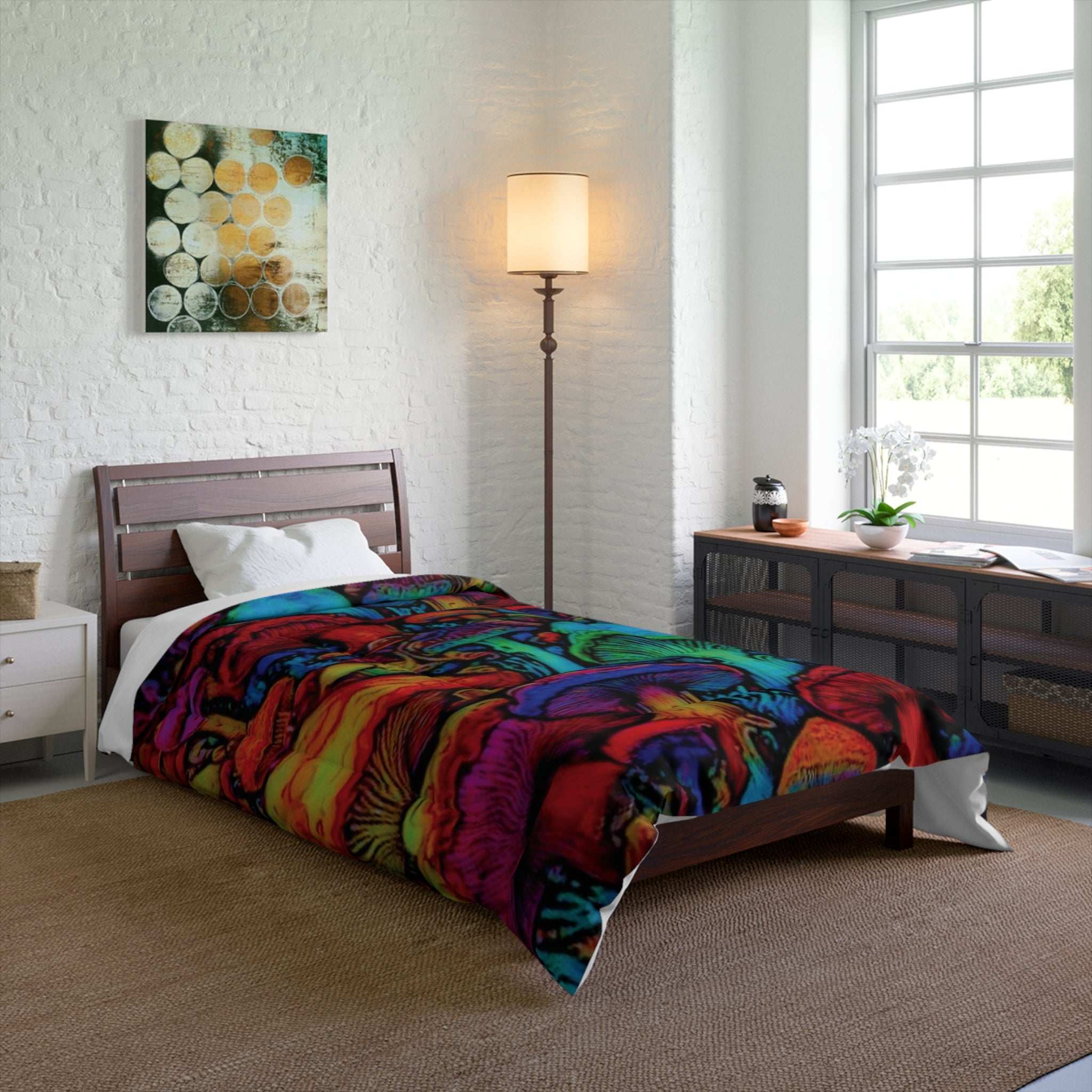 Vibrant Mushroom Comforter, Cozy Bedding for Bohemian Decor, Colorful Quilt for Home, Fantasy Bedroom Blanket, Unique Gift for Nature Lovers