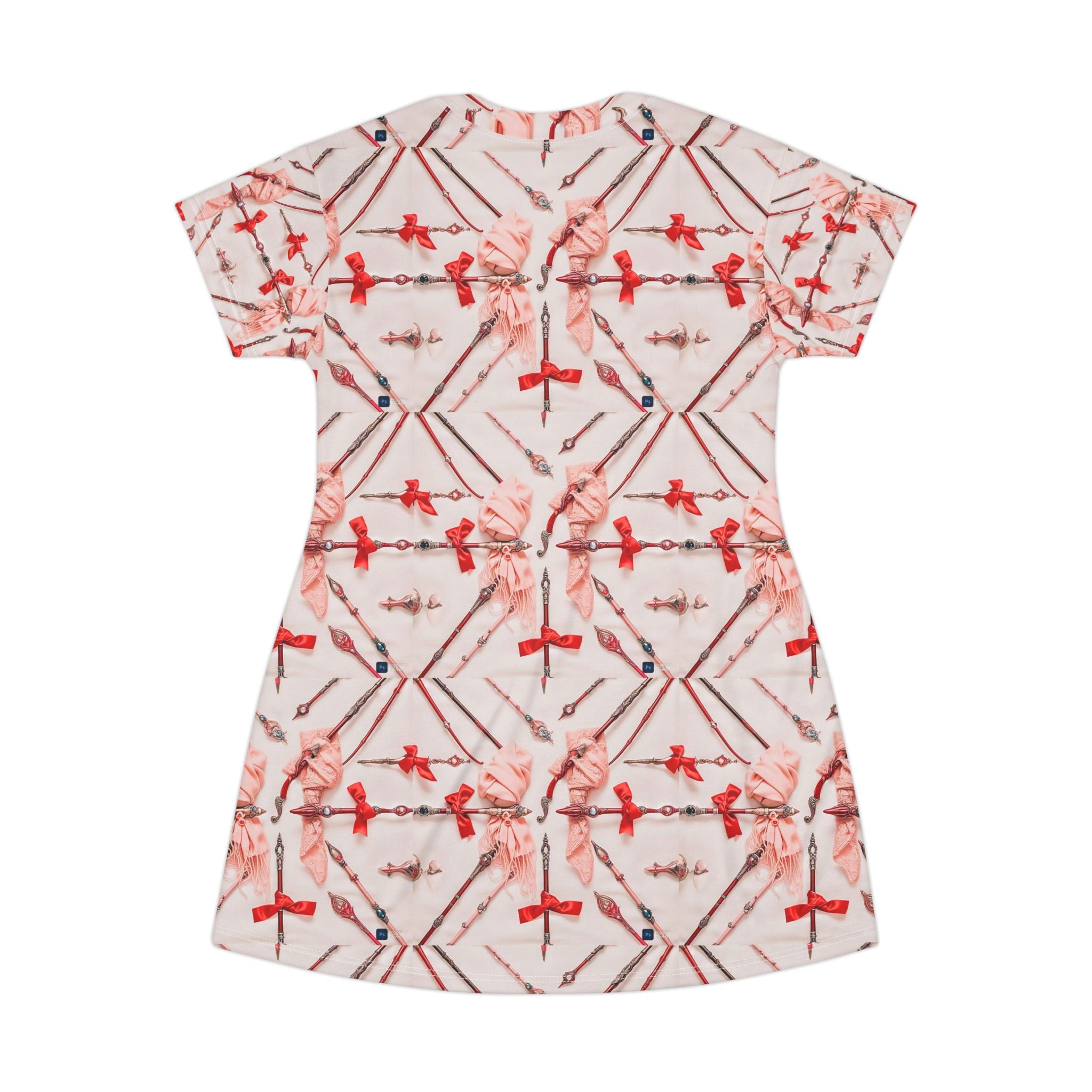 Red Floral Geometric T-Shirt Dress — All-Over Print Casual A-Line Dress
