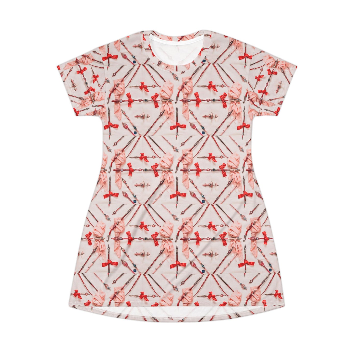 Red Floral Geometric T-Shirt Dress — All-Over Print Casual A-Line Dress