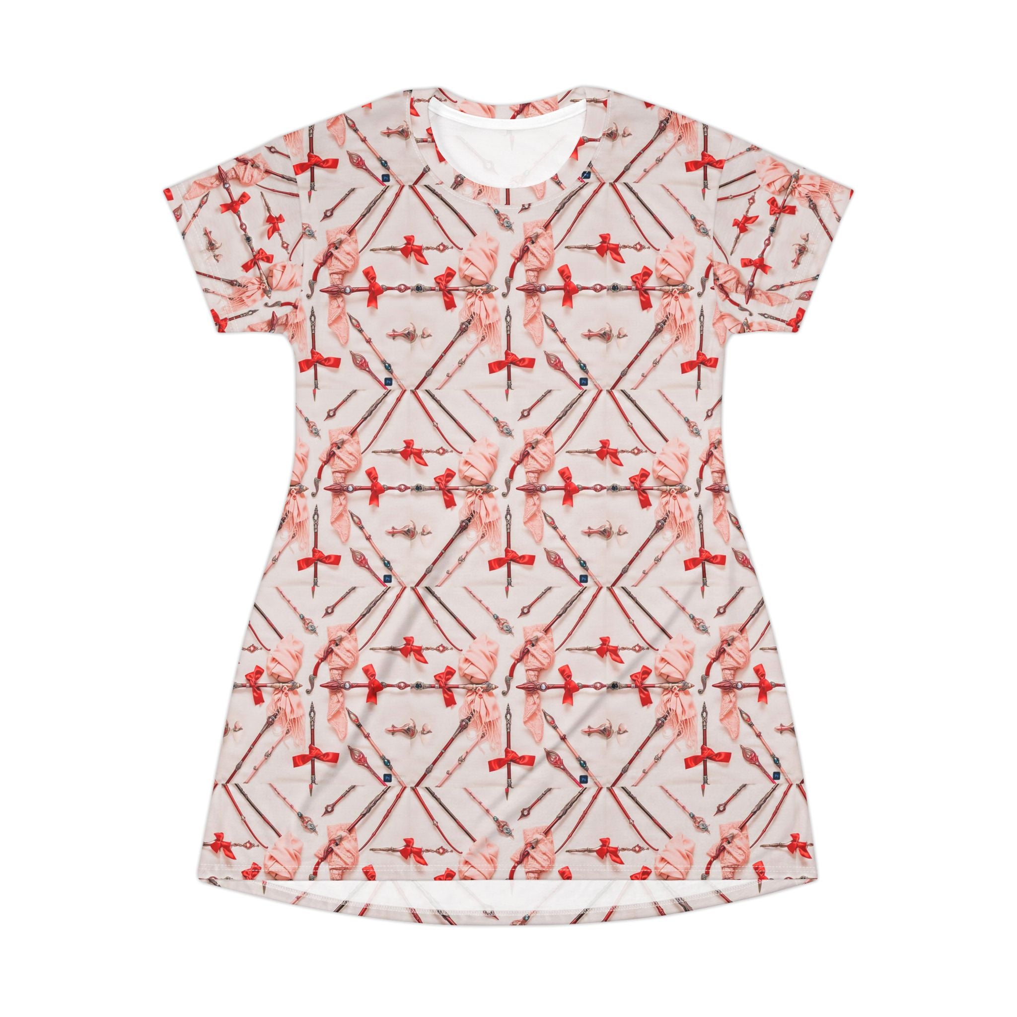Red Floral Geometric T-Shirt Dress — All-Over Print Casual A-Line Dress