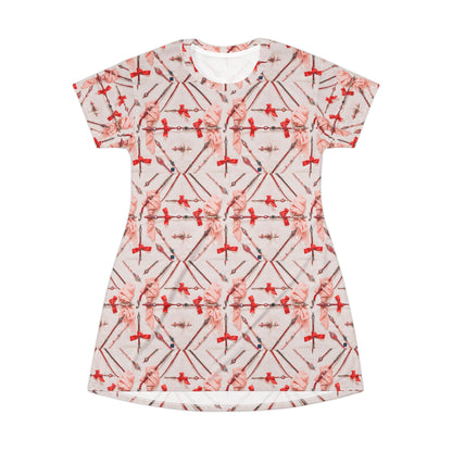 Red Floral Geometric T-Shirt Dress — All-Over Print Casual A-Line Dress