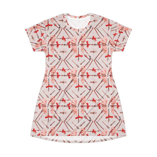 Red Floral Geometric T-Shirt Dress — All-Over Print Casual A-Line Dress