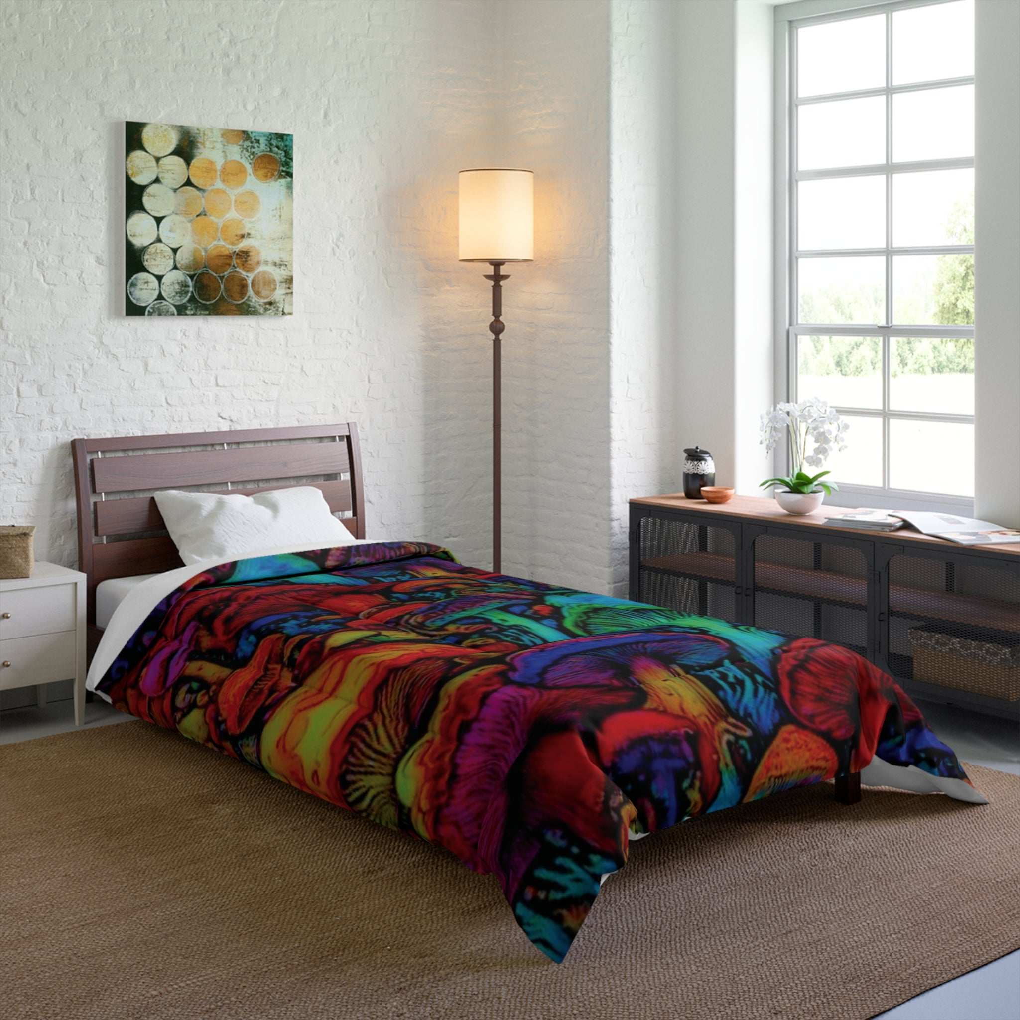 Vibrant Mushroom Comforter, Cozy Bedding for Bohemian Decor, Colorful Quilt for Home, Fantasy Bedroom Blanket, Unique Gift for Nature Lovers - CTDSF