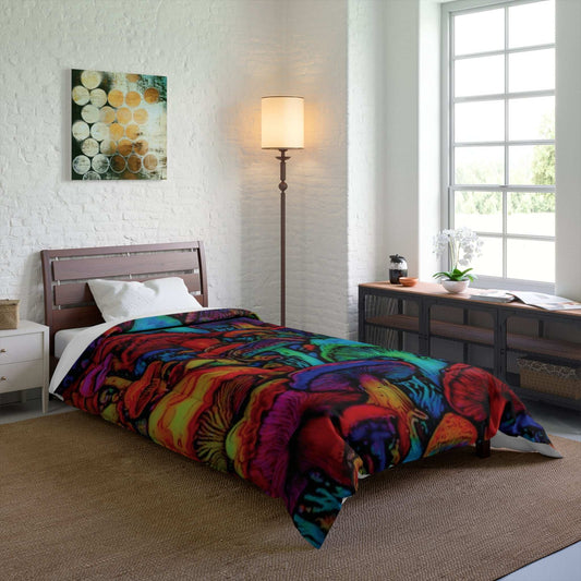 Vibrant Mushroom Comforter, Cozy Bedding for Bohemian Decor, Colorful Quilt for Home, Fantasy Bedroom Blanket, Unique Gift for Nature Lovers - CTDSF